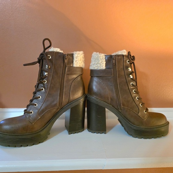Dark Brown Faux Leather Platform Combat Boots with Shearling Trim and Block Heel - Picture 6 of 16